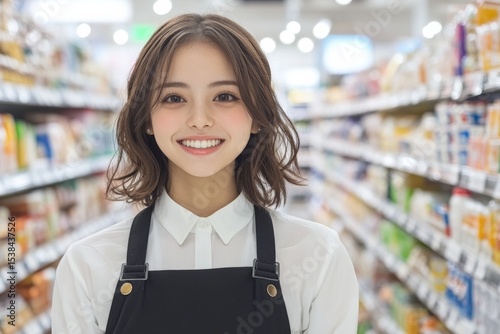 A Korean-looking saleswoman between the rows in a store. Generative AI