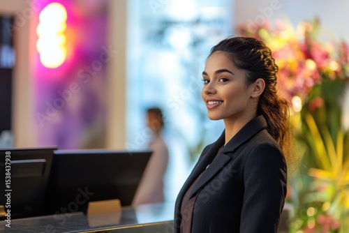 Receptionist assisting guests at a hotel front desk during busy check-in hours in a modern, stylish lobby with vibrant decor and floral arrangements