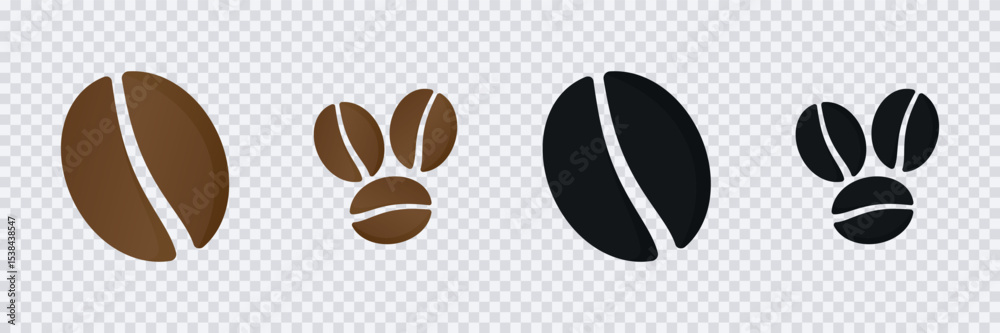 Fototapeta premium Coffee beans icon set, Brown and roasted coffee bean Seed sign, Grain isolated on transparent background
