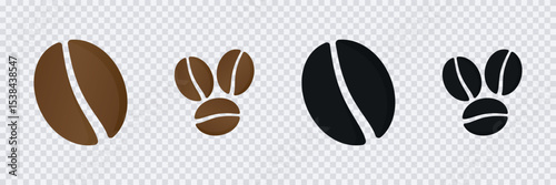 Coffee beans icon set, Brown and roasted coffee bean Seed sign, Grain isolated on transparent background
