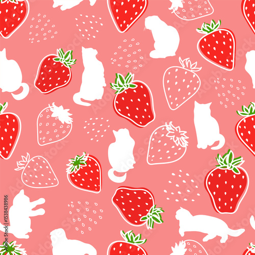 Summer Strawberry Fruit and Cat Seamless Pattern