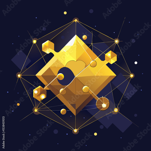 Abstract Golden Geometric Structure with Lines Spheres and Polygons in Dark Space