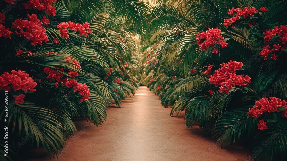 Fototapeta premium Lush tropical walkway lined with vibrant red flowers and lush green foliage