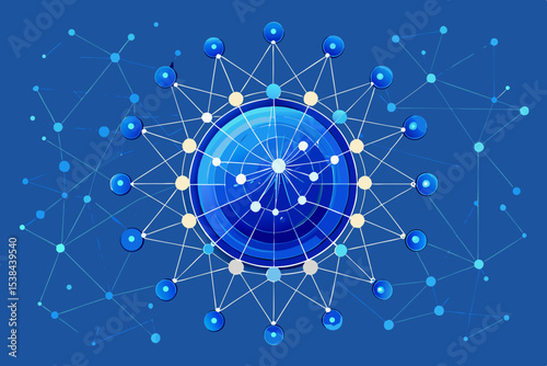 Abstract Network Illustration with Connected Nodes and Circular Design on Blue