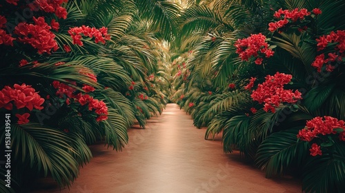 Fototapeta Naklejka Na Ścianę i Meble -  Lush tropical walkway lined with vibrant red flowers and lush green foliage