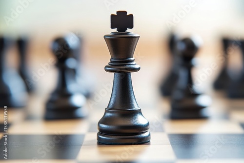 Black king piece stands boldly on a wooden chess board ready for strategic competitive moves showing planning and business acumen