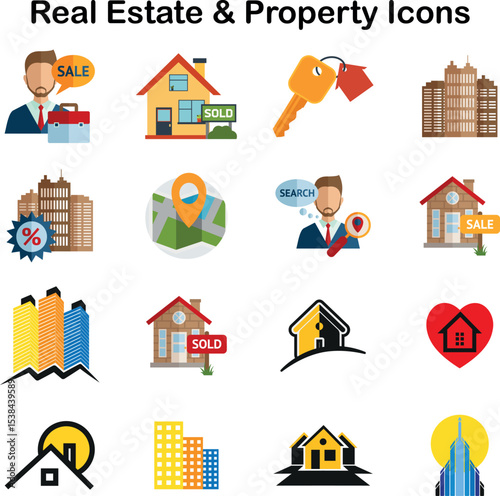 Vector icons for urban development, land sales, and property assets