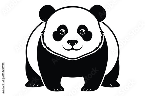 Adorable panda stands with a charming smile, its cute face a delightful monochrome spectacle