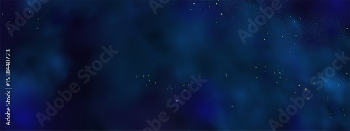 Luxury navy blue night sky background with golden stars, magical glitter, and bokeh sparkle. 