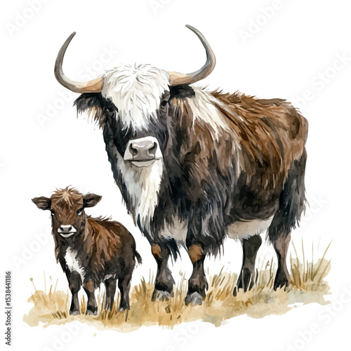 A Mother Yak With Her Kid, watercolor painting vector, isolated on a white background.