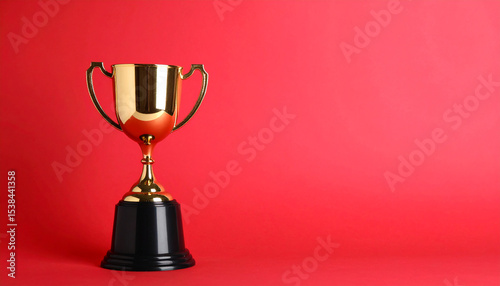 Small gold trophy against vivid red background. Winner cup, prize.