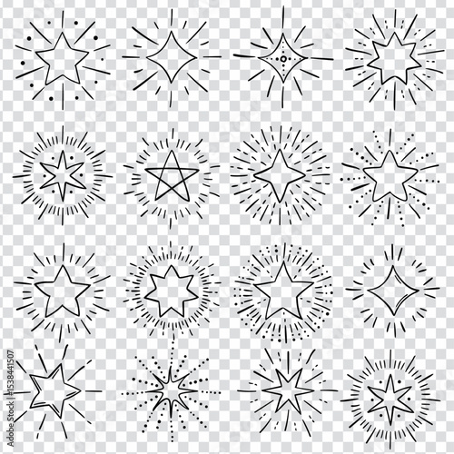 Hand Drawn Shining Stars ,Unique,Cartoon Explosion,Dynamic light Flash, Twinkle Star, Firework Effec,Energetic,Hand Drawn Elements Illustration, Black Lines, Outline, Best Design 2025