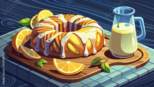 Pound cake topped with lemon glaze on a cutting board, with milk in a glass bottle. Very beautiful