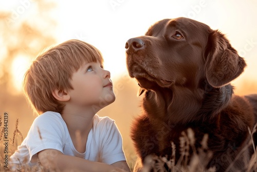 Baby boy and chocolate retriever. Generative AI