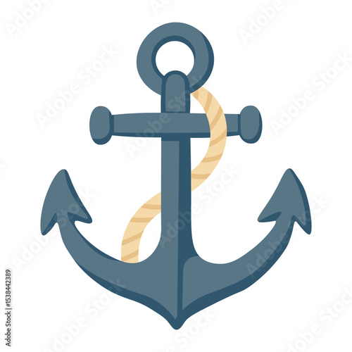 Cartoon anchor with rope in flat marine style. Vector nautical illustration for summer design.