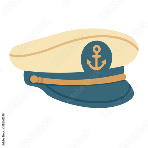 Flat cartoon captain hat with anchor symbol. Vector marine illustration in nautical summer style.