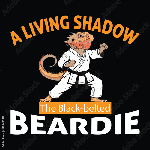 Living Shadow Black-Belted Beardie Martial Arts Bearded Dragon T-Shirt Design.