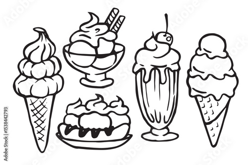
Set of desserts with ice cream. Milkshake, ice cream in a waffle cone, whipped cream. Vector doodle illustration