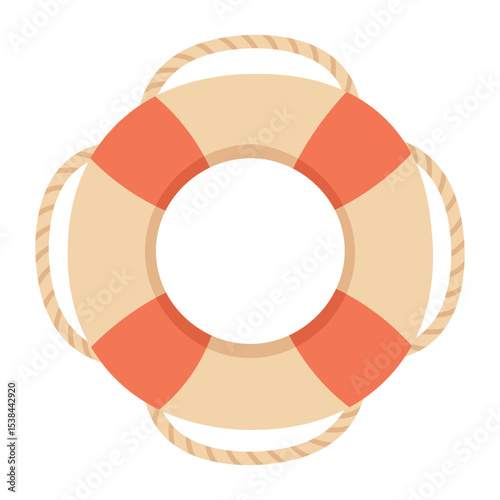 Cartoon lifebuoy ring with rope in flat style. Vector marine illustration for summer design.