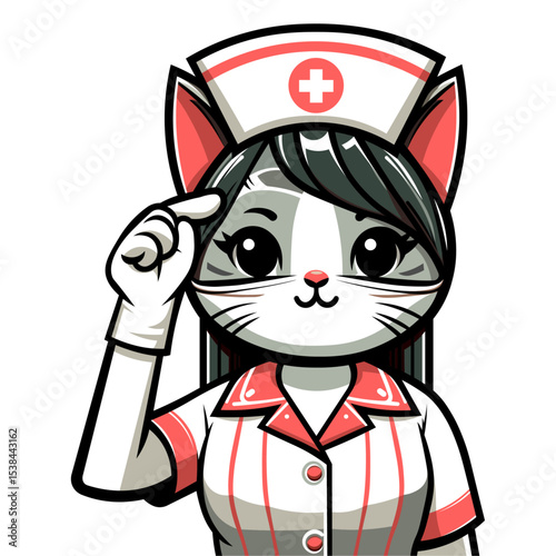 female cat in nurse uniform in flat color block editable vector illustration with perfect color separation