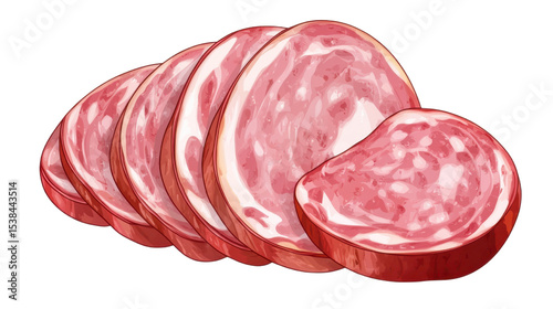 Salami sausage slices ham on white background