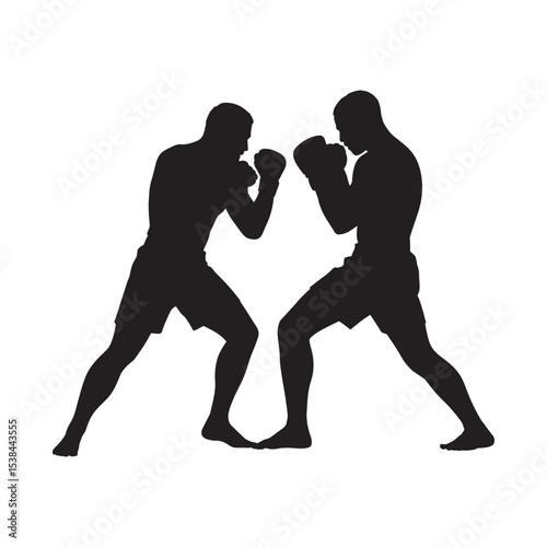 Two boxers fighting in ring stance silhouette, boxing match action pose isolated on white background.