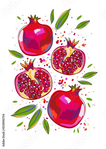 Bright pomegranate with leaves on white background. Vibrant whole and halves of fruit. Cartoon. Art print for cards, walls, banners, packaging, covers, etc. Vector isolated