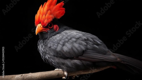 Vibrant bird with striking orange crest perched on a branch against a dark background