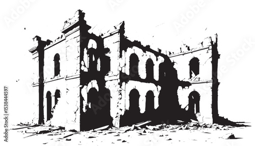 ruined building vector, silhouette of a destroyed city , vector illustration of a disaster city 
