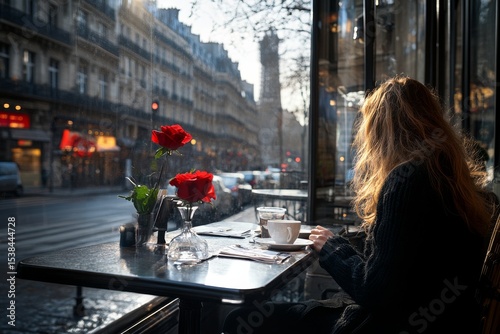A girl sits in a cafe decorated with red flowers. Generative AI