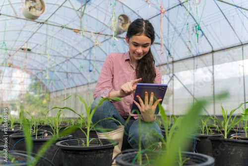 A school girl is studying agriculture in a greenhouse. She examines corn seedlings and uses a tablet to record data. It is a modern agricultural learning activity in an environment that emphasizes sus