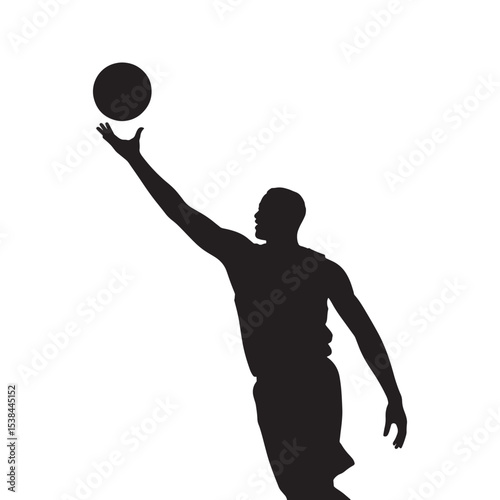 Basketball player silhouette jumping and shooting ball in action pose isolated on white background.