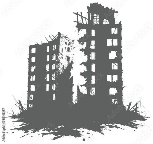 ruined building vector, silhouette of a destroyed city , vector illustration of a disaster city 