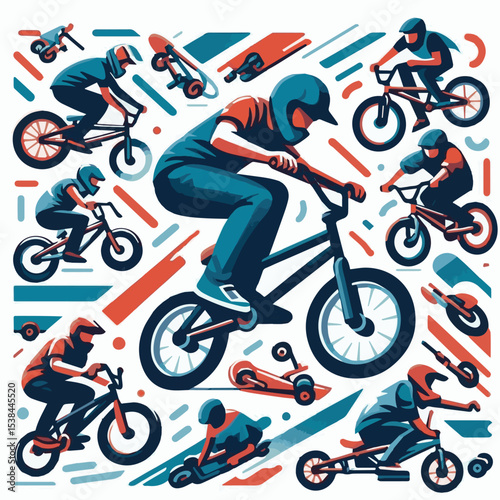 bmx, sport, extreme, cycle, wheel, illustration, race, bicycle, biker, vehicle, cyclist, vector, freestyle, lifestyle, bike, ride, activity, speed, rider, design, jump, silhouette, urban, helmet, tric