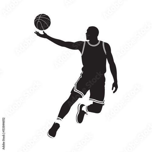 Basketball player silhouette jumping and shooting ball in action pose isolated on white background.