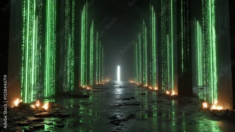 Mysterious Glowing Forest Path with Digital Green Light and Fire at the Base