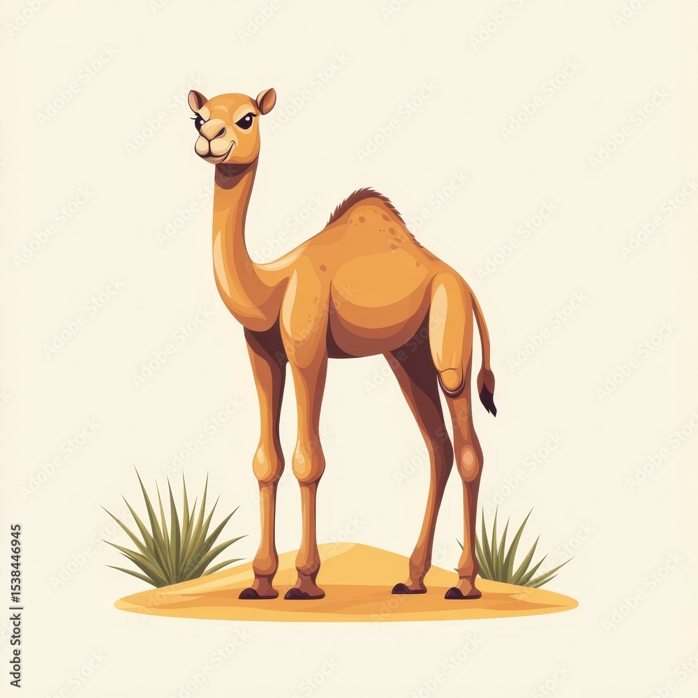 Naklejka premium Camel standing on sandy terrain with sparse vegetation in a desert setting during daylight