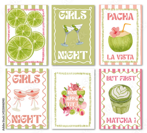 SET OF GIRLY SUMMER PARTY POSTER - VIBRANT & DISCO ILLUSTRATIONS WATERCOLOR STYLE