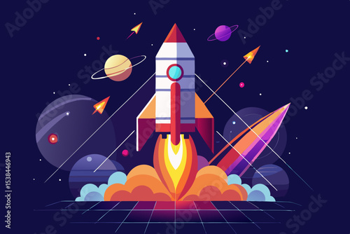 Cartoon Rocket Launching into Space with Planets and Stars Illustration