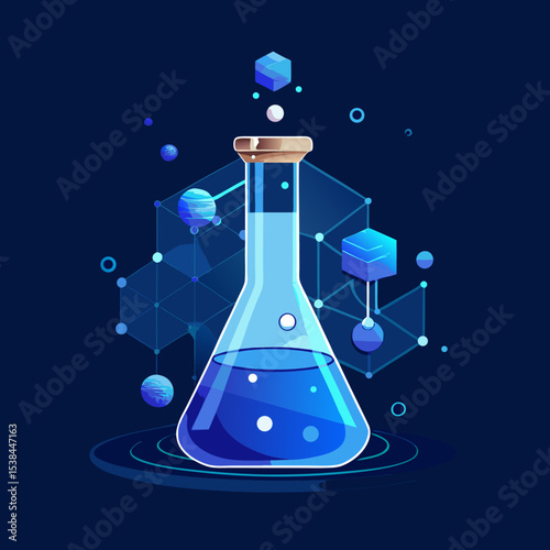 Abstract Chemistry Flask with Blue Liquid and Geometric Shapes on Dark Blue Background