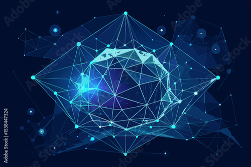 Abstract Geometric Network Illustration with Connected Nodes and Lines on Dark Blue