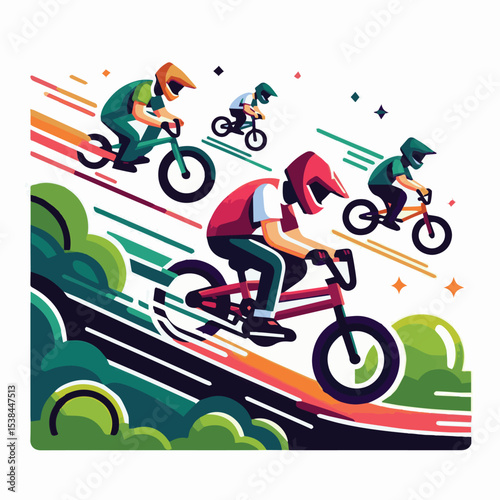 bmx, sport, extreme, cycle, wheel, illustration, race, bicycle, biker, vehicle, cyclist, vector, freestyle, lifestyle, bike, ride, activity, speed, rider, design, jump, silhouette, urban, helmet, tric