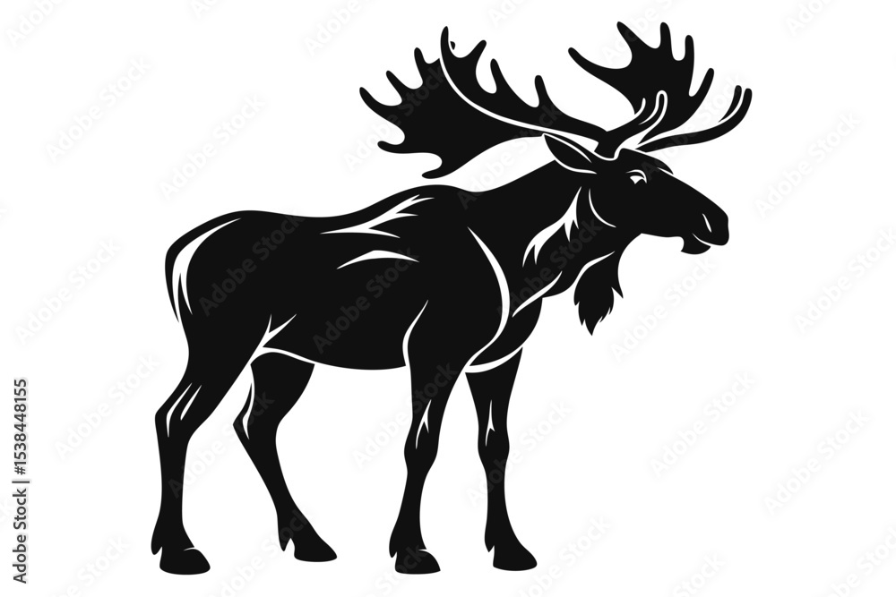 Naklejka premium Majestic moose with large antlers stands gracefully in black silhouette against a white background