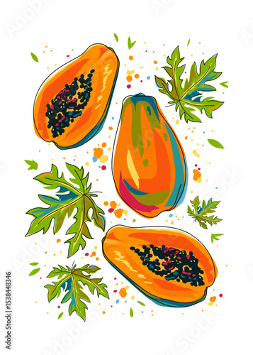 Colorful papaya with leaves and drops on white background. Bright card with whole and halves of fruit. Cartoon. Art print for cards, walls, banners, packaging, covers, etc. Vector isolated