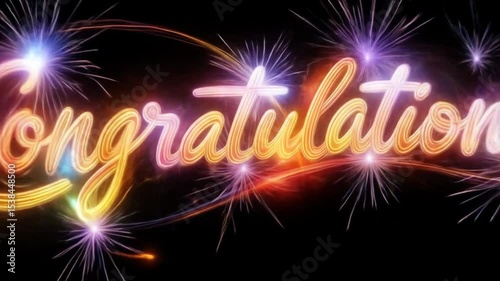 Colorful Congratulations Text with Sparklers and Light Trails on Black Background