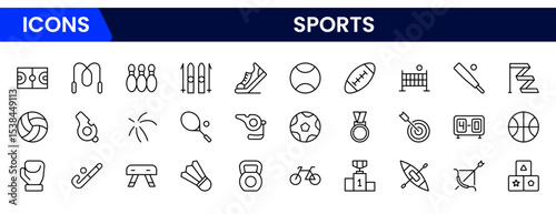 Dynamic vector web line icons depicting sports, athletic gear, competition, fitness, and energetic activities for enthusiasts and athletes.