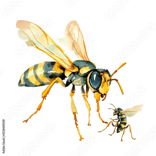 A Mother Wasp With Her Kid, watercolor clipart vector, isolated on a white background.