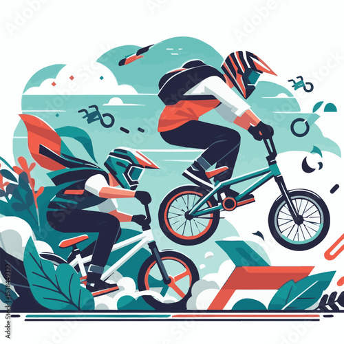 bmx, sport, extreme, cycle, wheel, illustration, race, bicycle, biker, vehicle, cyclist, vector, freestyle, lifestyle, bike, ride, activity, speed, rider, design, jump, silhouette, urban, helmet, tric