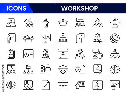 Set of Workshop and Coaching line icons. Outline icon collection related to training, coaching, mentoring, education, meetings, conferences, and teamwork.