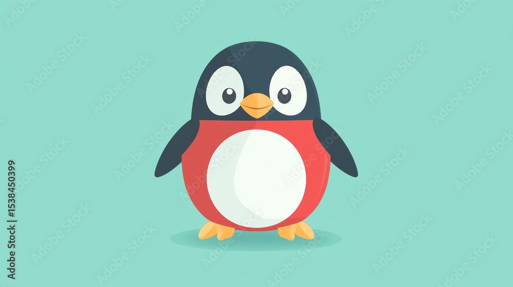 Fototapeta premium Cute cartoon penguin on a teal background